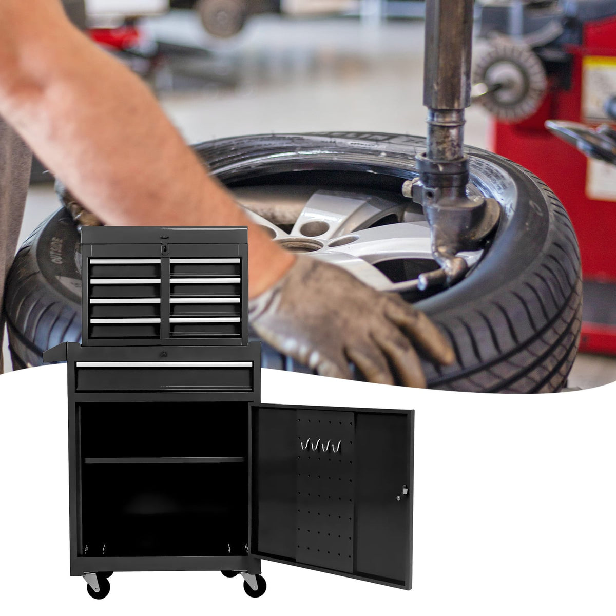 5-Drawer Metal Tool Cabinet with Wheels - Black