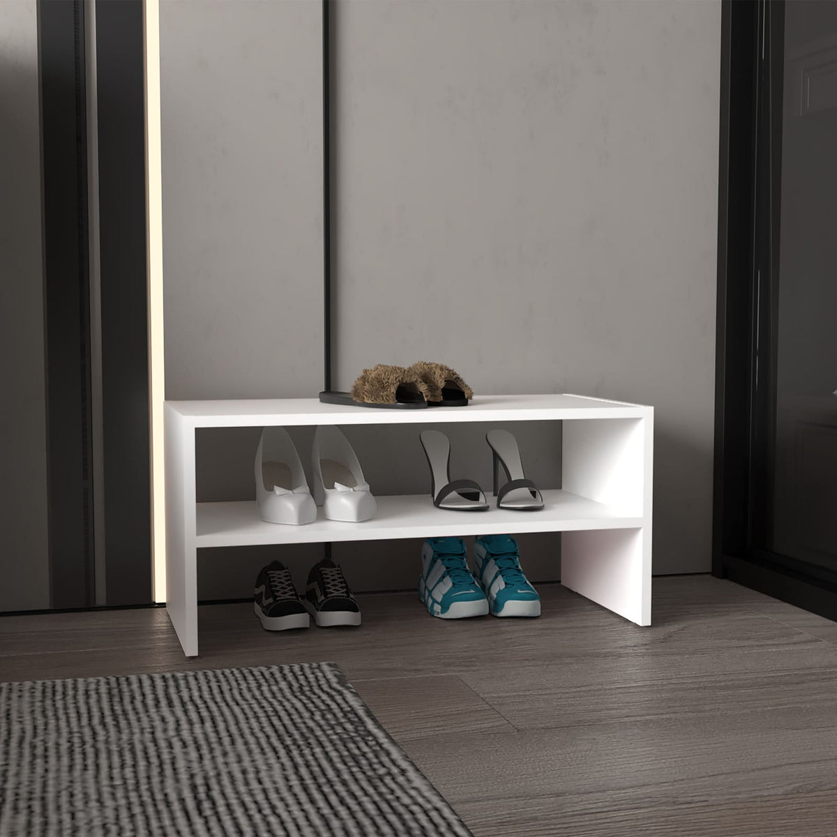 White Engineered Wood Shoe Storage Rack with Two Shelves for Living Room