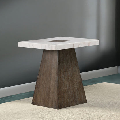 Square End Table Contemporary Style Wooden Base Marble On Top Tapered Dark Walnut