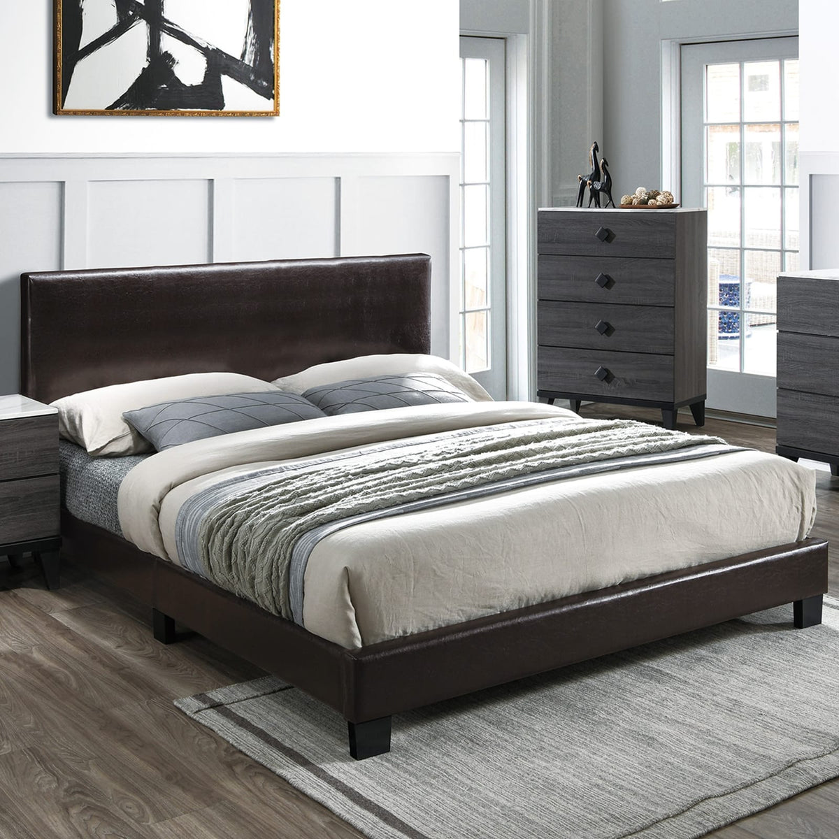 Modern Brown Queen Size Bed Faux Leather Upholstered Headboard