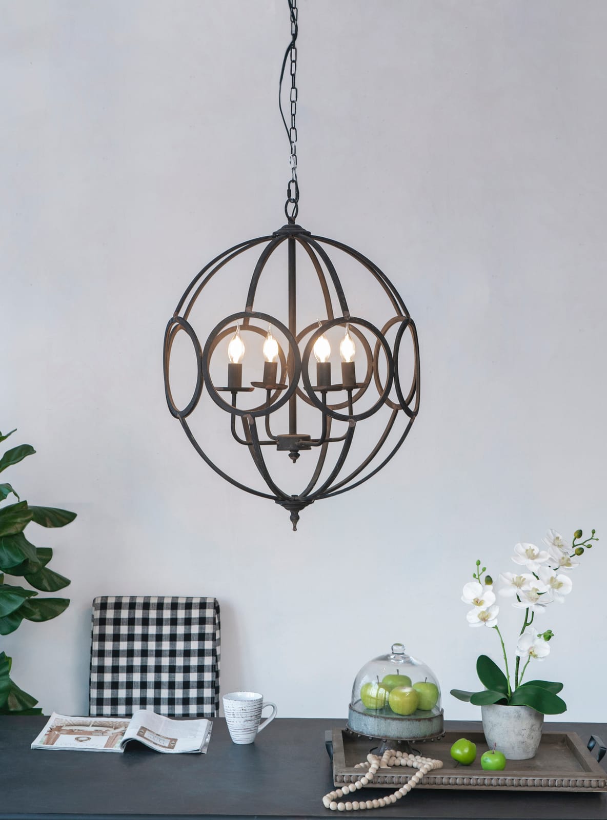 4-Light Metal Chandelier - Black Iron, Adjustable Chain