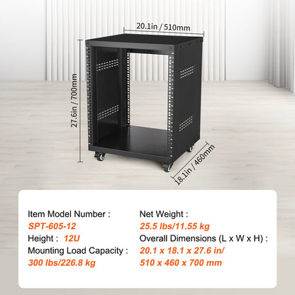 12U AV Rack Stand - 500 lbs Capacity Network Recording Studio Rack