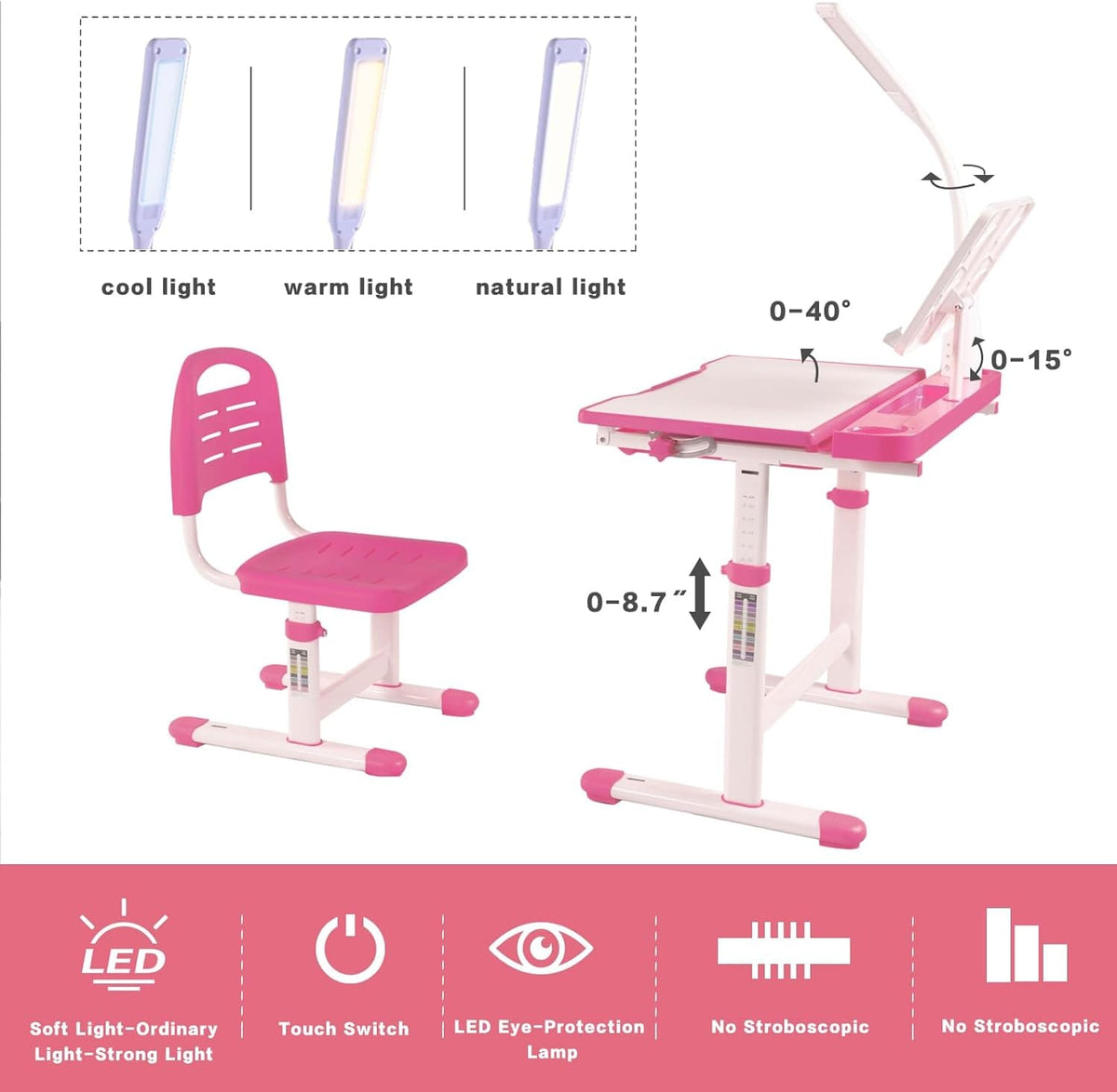 Pink MDF Kids Study Desk with Adjustable Chair