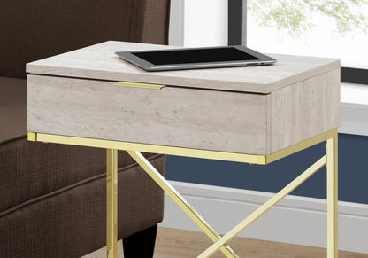 Beige Accent Table - Storage Drawer Side Table, Marble Look