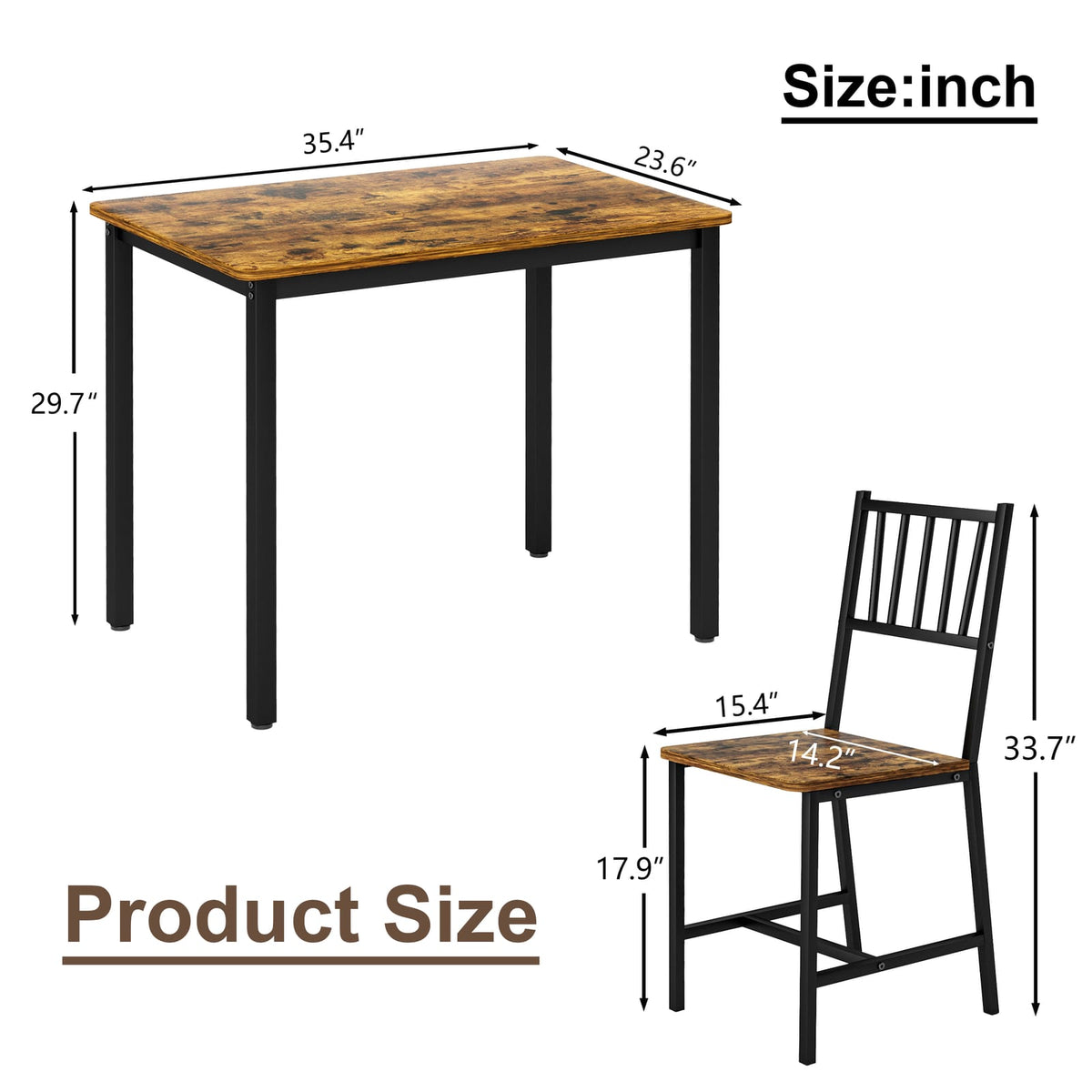 Rustic Brown Dining Table Set - 3 Piece Kitchen Table with Chairs for Dining Room