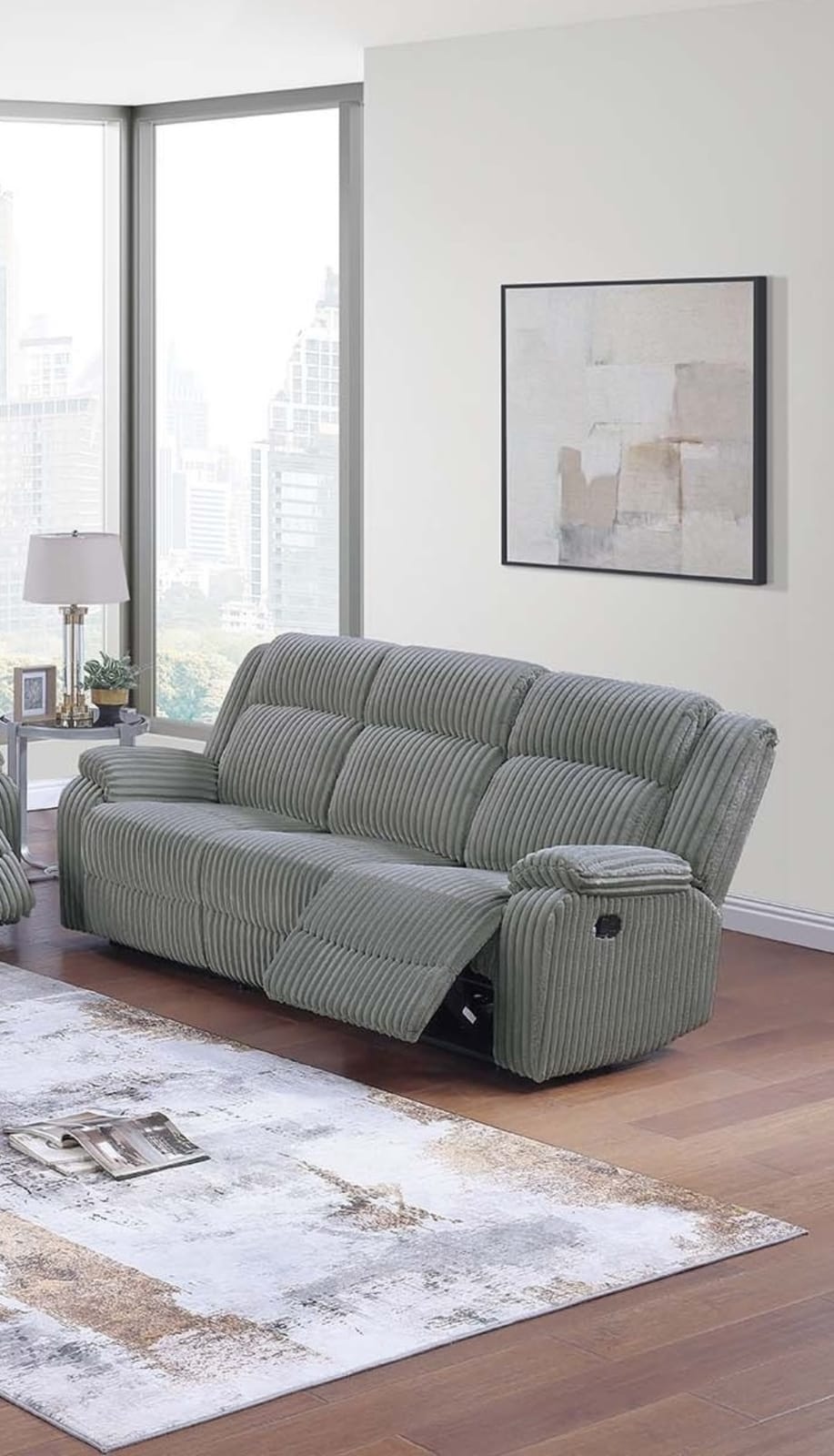 Smoke Corduroy Motion Sofa - Classic Reclining Couch for Living Room