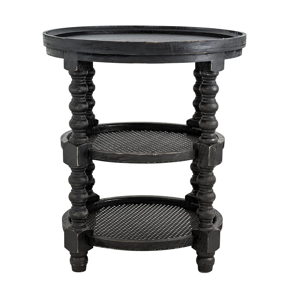 Black Wood Round Coffee Table with Rattan Shelves