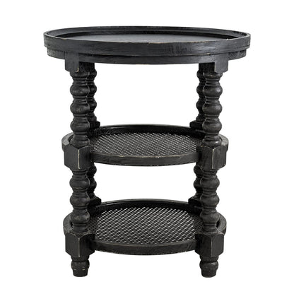 Black Wood Round Coffee Table with Rattan Shelves