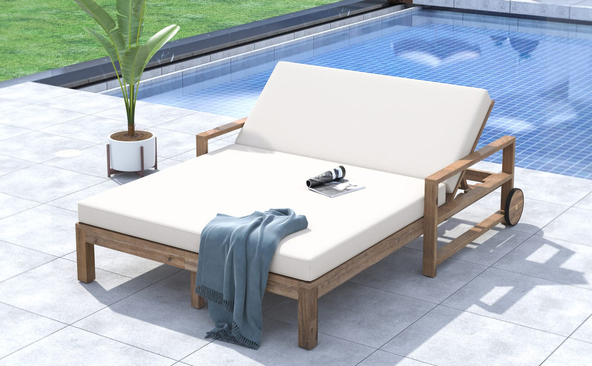 Beige Wooden Outdoor Sunbed - Farmhouse Style Patio Seating