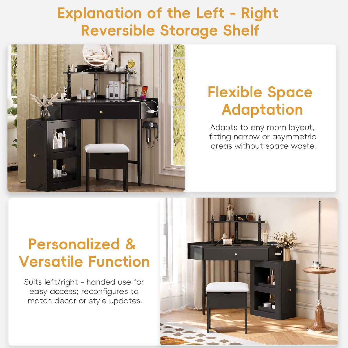 Black Corner Vanity Desk Set - Storage & Charging Station