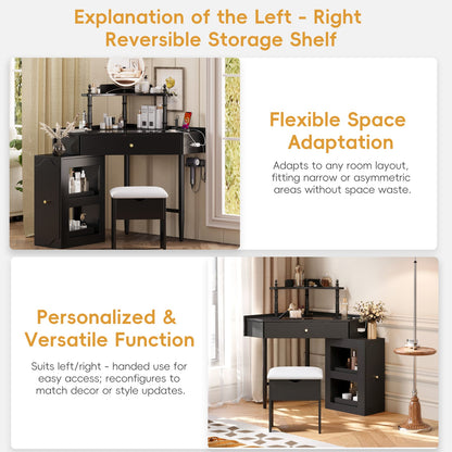 Black Corner Vanity Desk Set - Storage & Charging Station