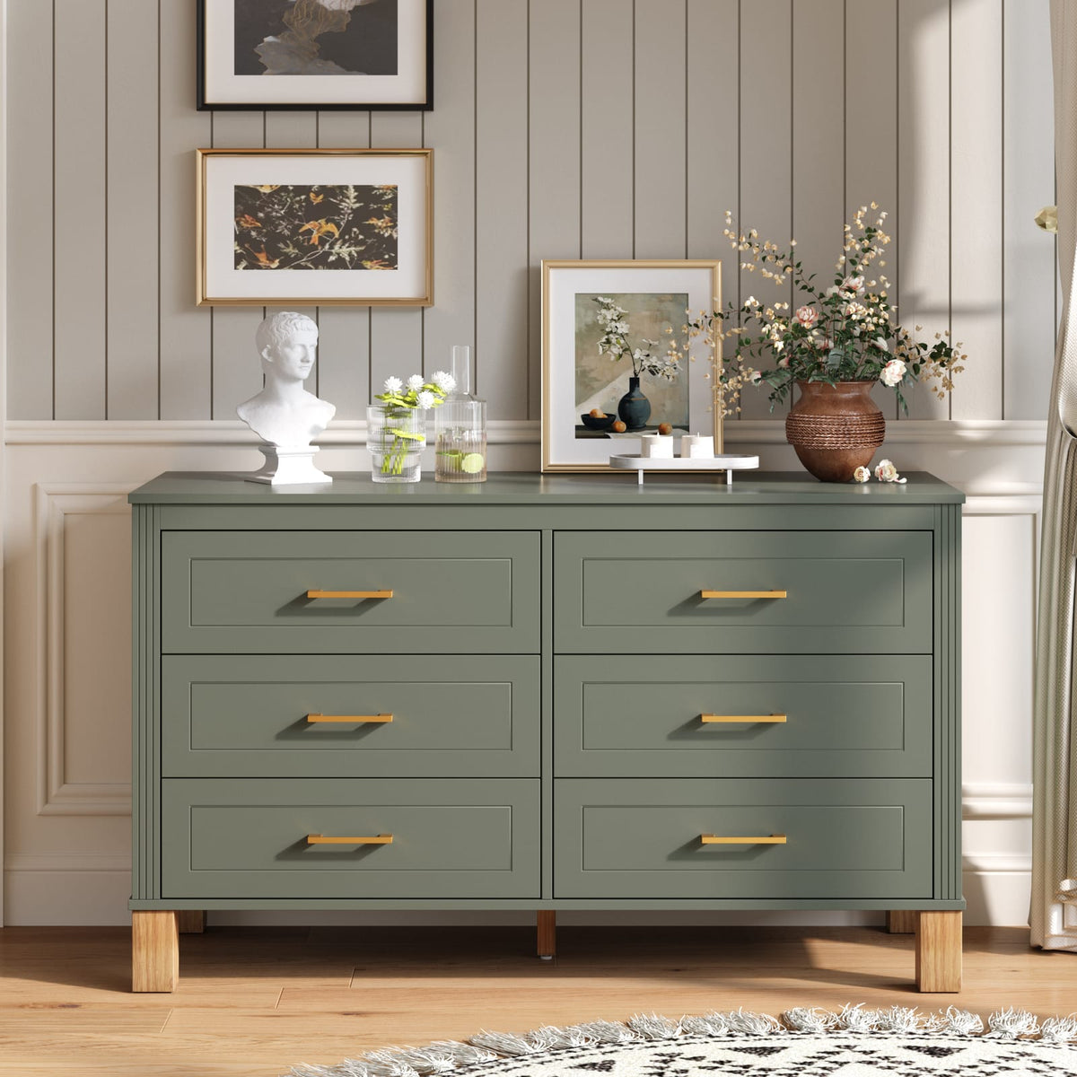 6-Drawer Olive Green Dresser - Modern Storage Cabinet for Kids Bedroom