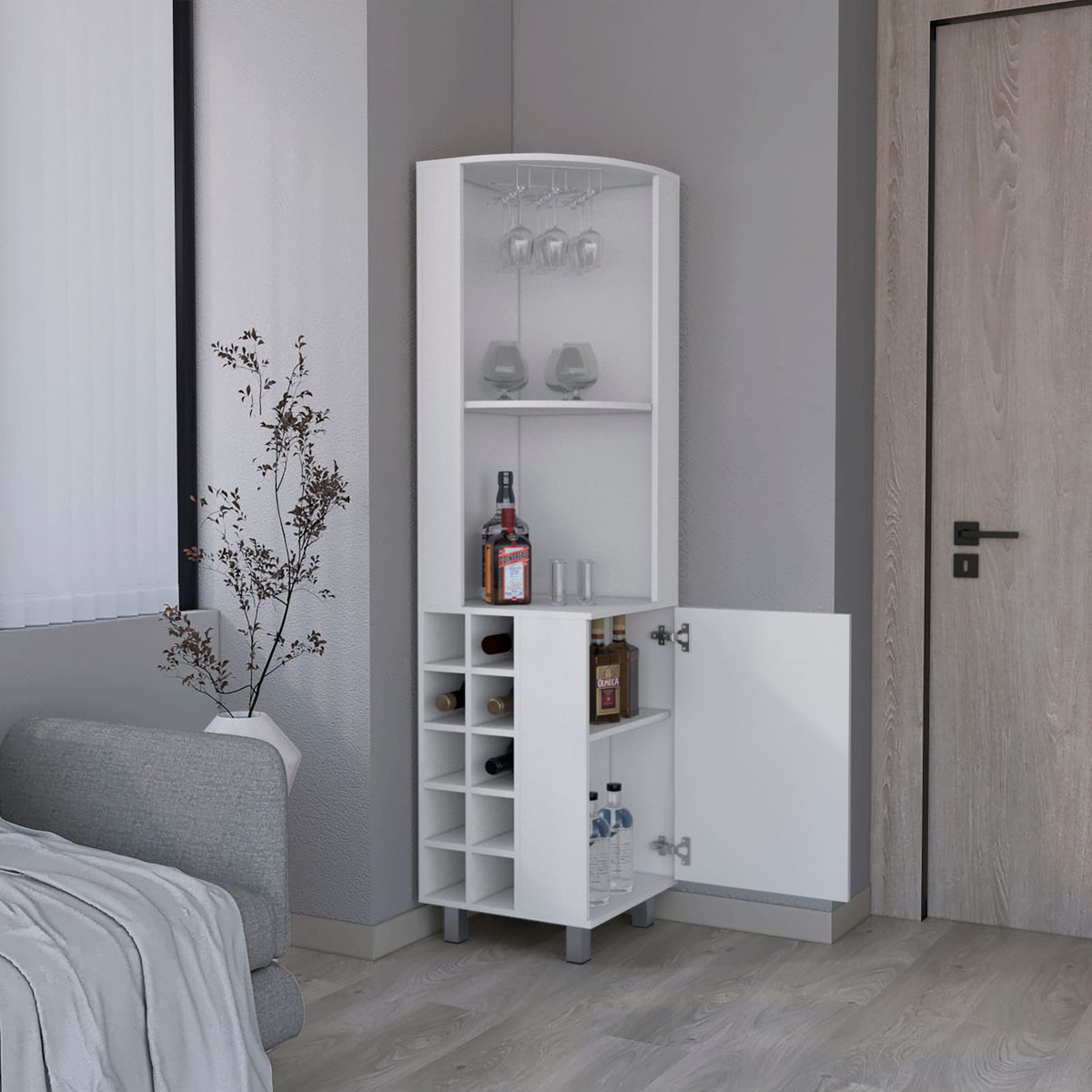 Corner Bar Cabinet with Wine Rack - White Storage for Living Room