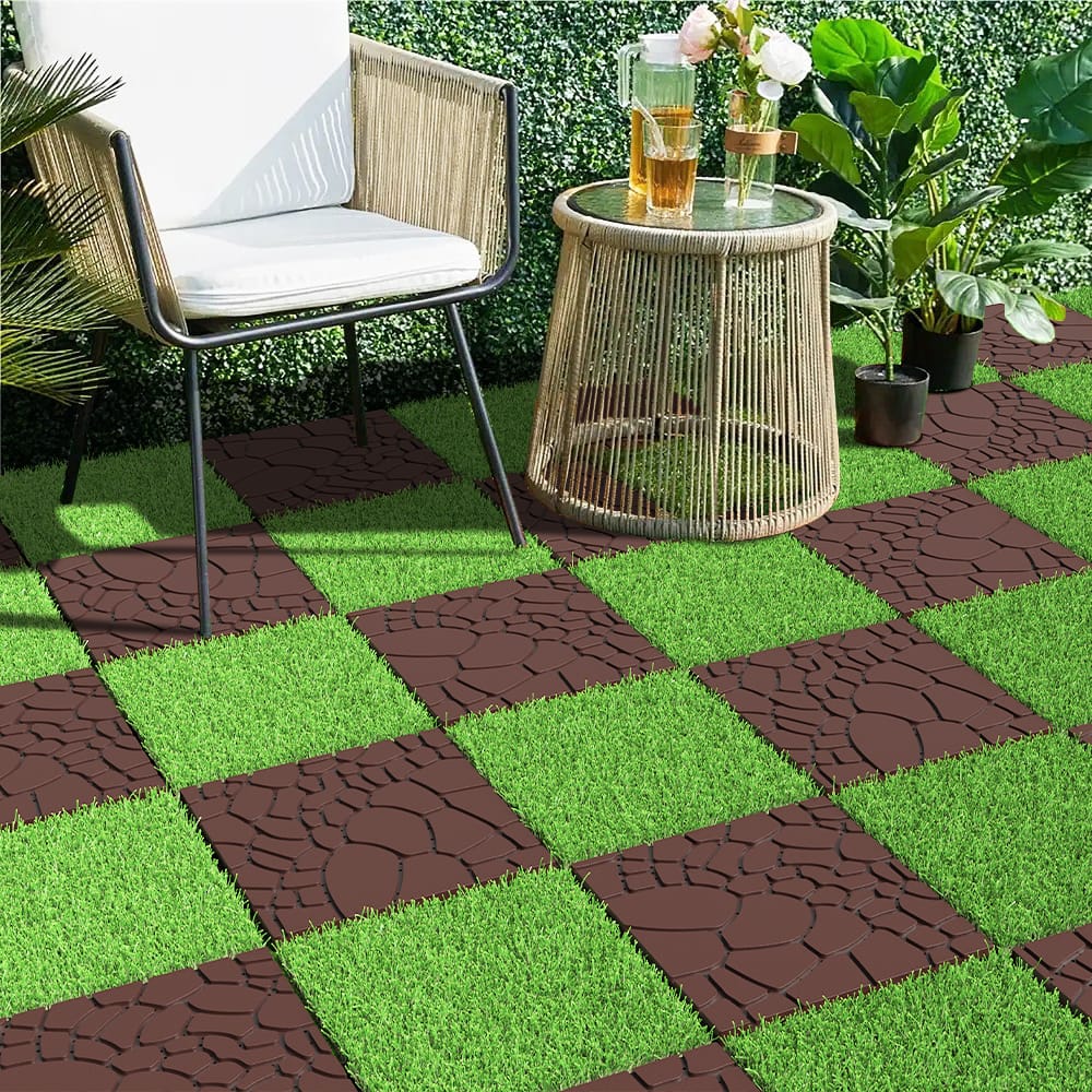Red+Brown Polypropylene Deck Tiles - 12" DIY Interlocking Patio Flooring
