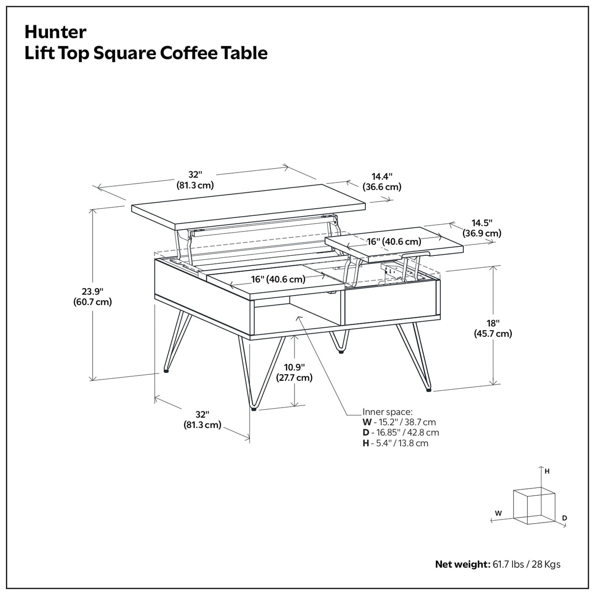 32 Inch Walnut Lift Top Square Coffee Table - Extendable Dining Table for Living Room