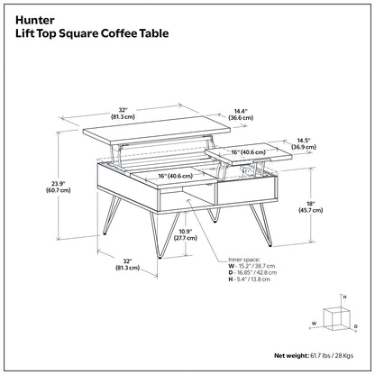 32 Inch Walnut Lift Top Square Coffee Table - Extendable Dining Table for Living Room