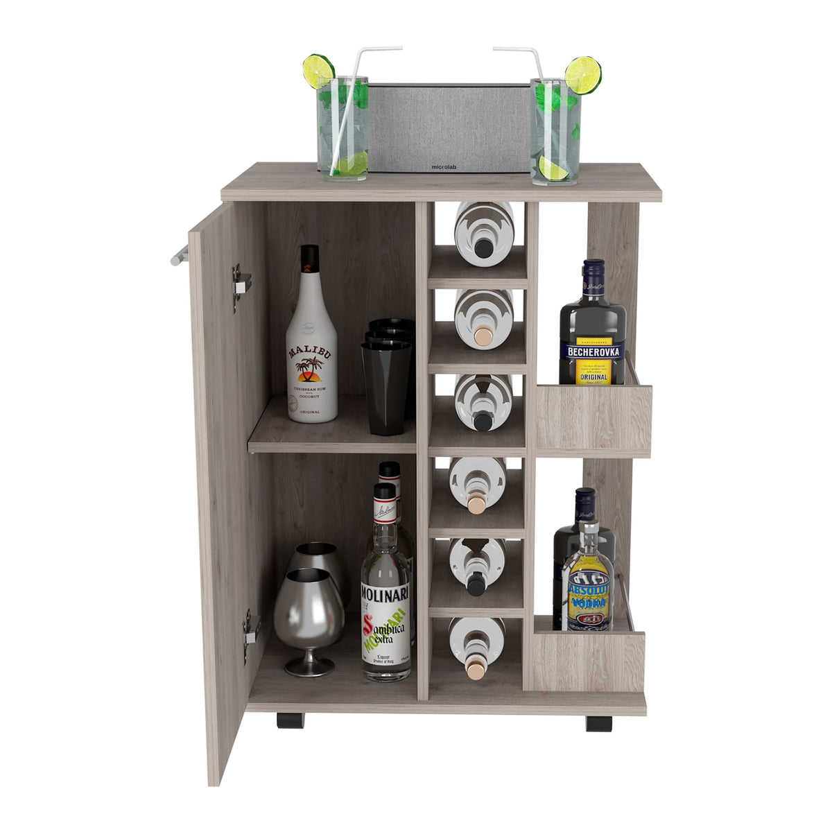 Light Gray Particle Board Bar Cart with Casters for Kitchen Storage