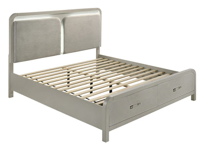 King Modern Storage Bed with Beige Wood Frame and Upholstered Headboard for Bedroom