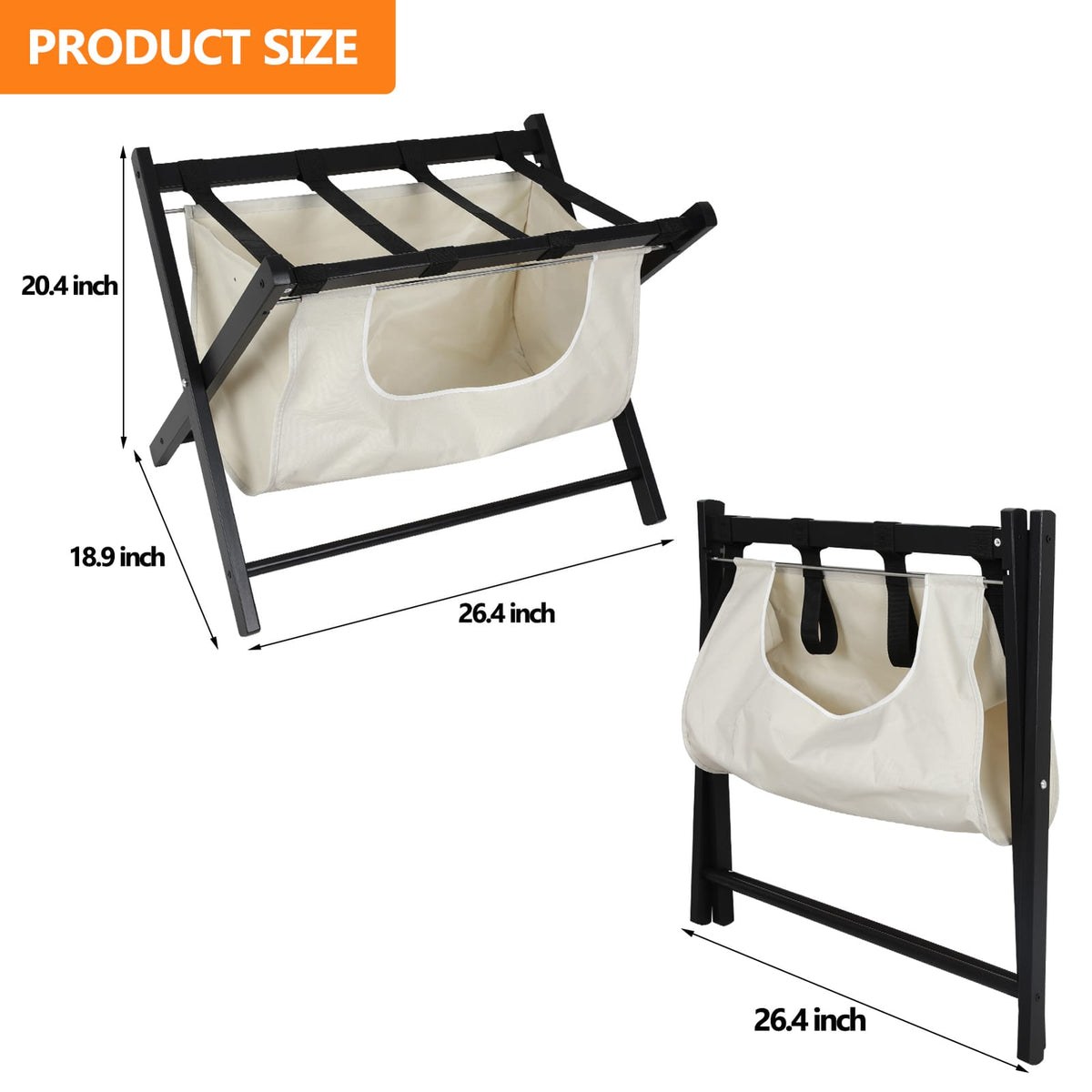Folding Luggage Rack - Black Wood Fabric Storage Shelf