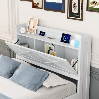 Twin Wooden Bed with Storage Headboard and Trundle for Guest Space for Bedroom