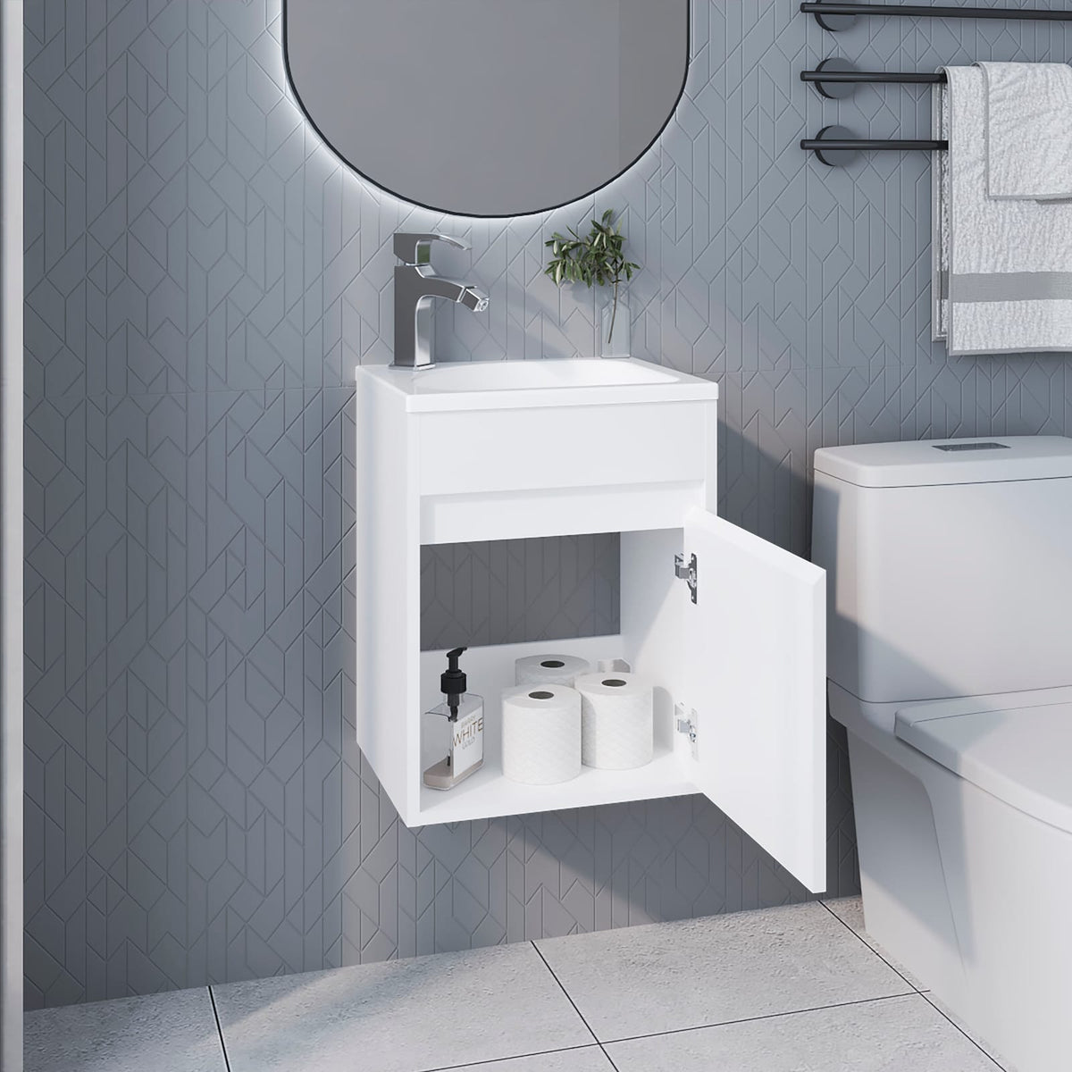 White Bathroom Vanity with Sink - Wall Mounted Storage