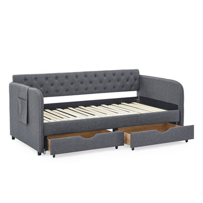 Dark Gray Linen Twin Daybed with Trundle Bed