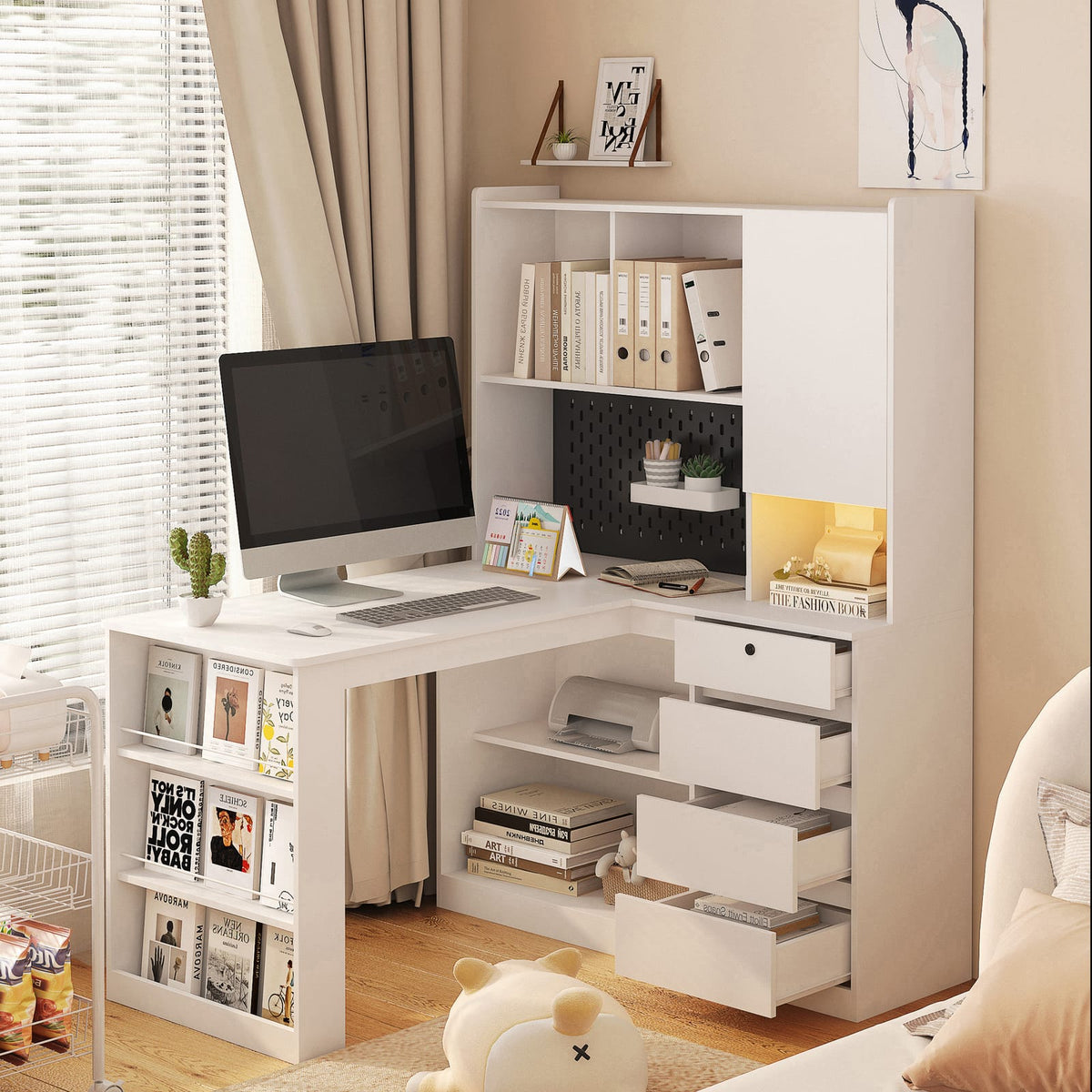 L-Shaped Desk with Charger - White Corner Office Desk