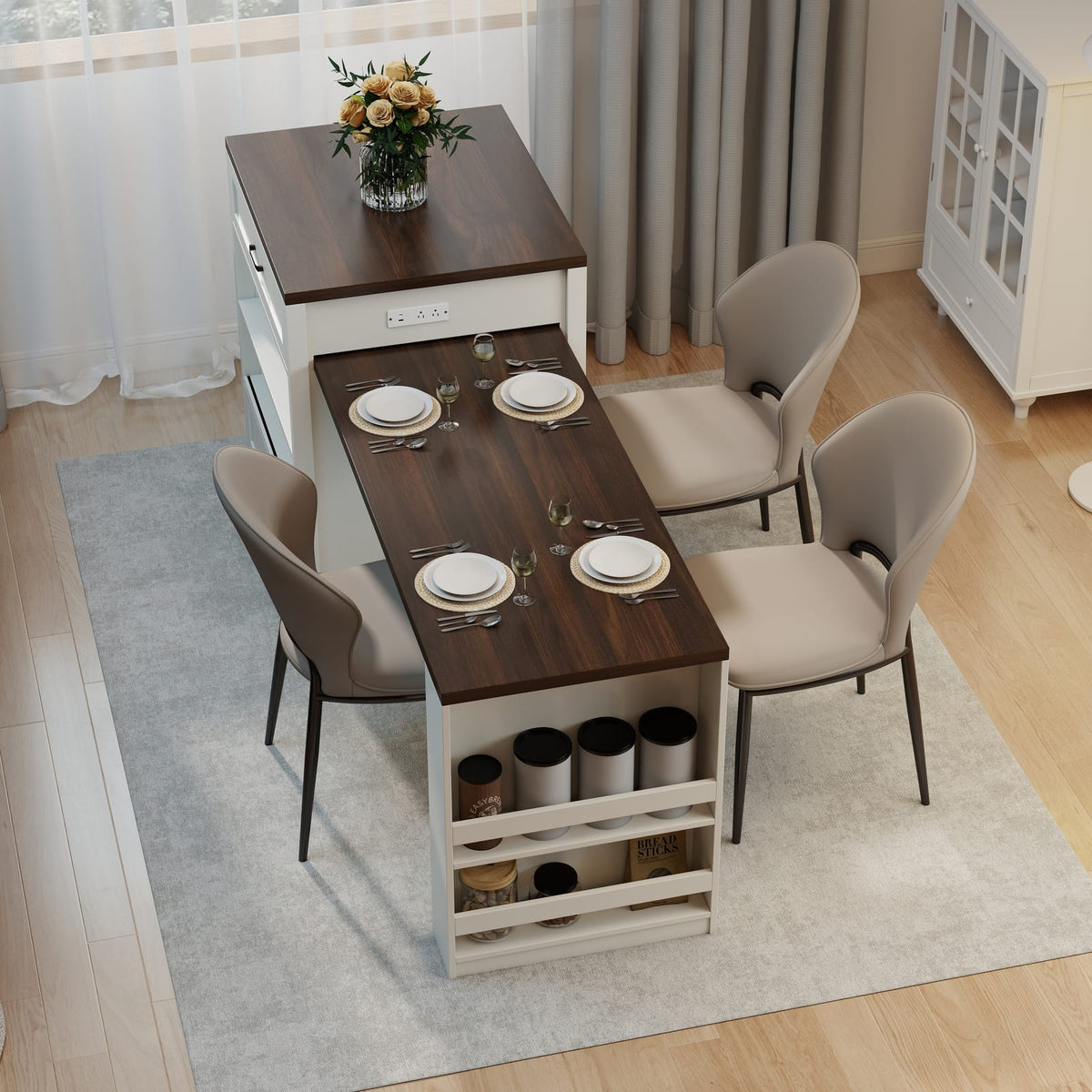 83.1" Extendable Kitchen Island - Creamy White MDF & Glass