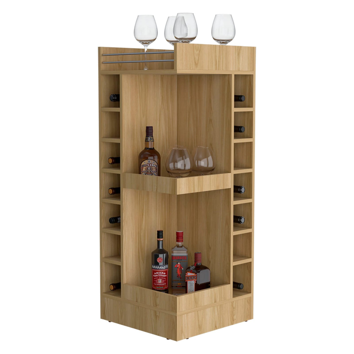 Natural Oak Corner Bar Cabinet - 5 Shelves