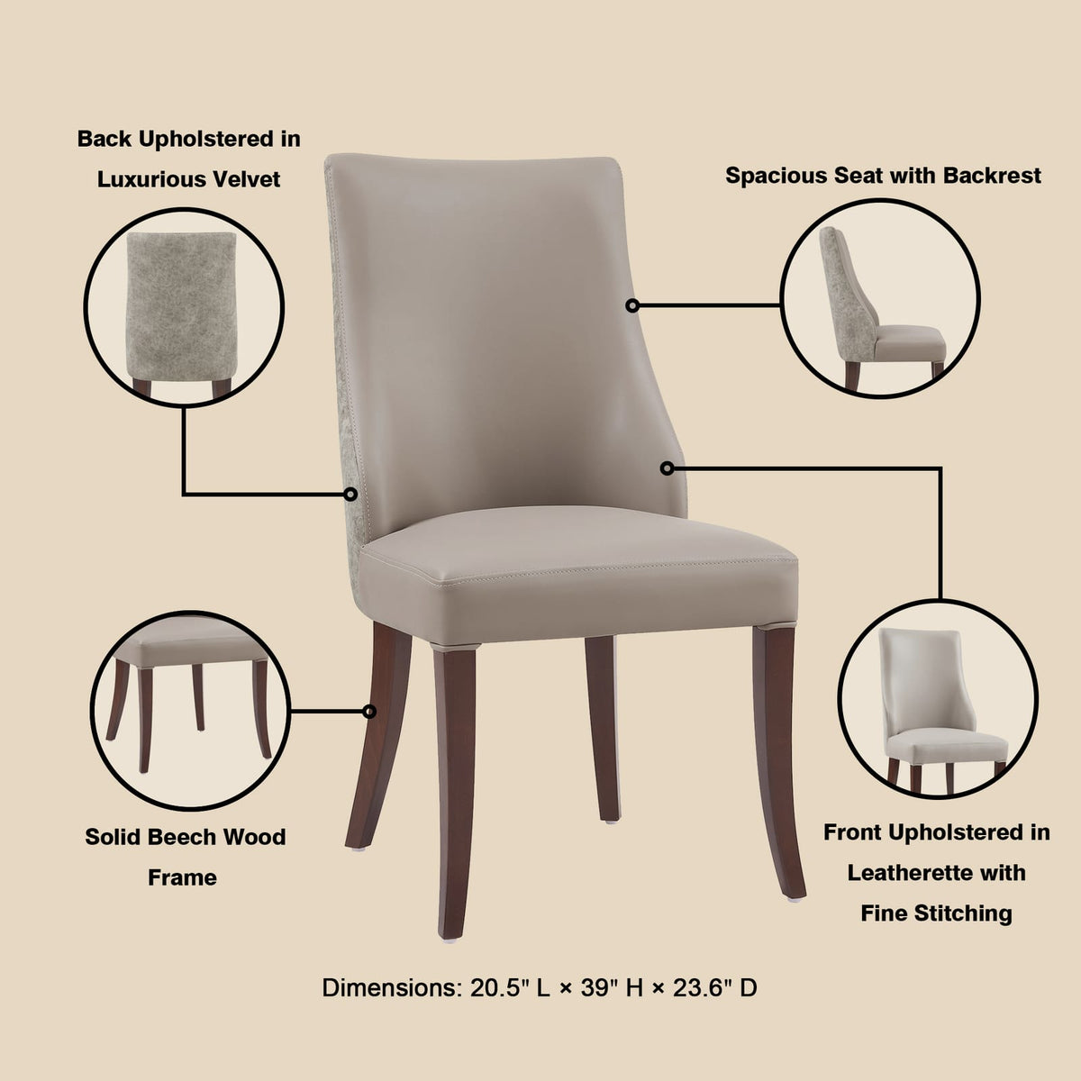 Taupe Wood Dining Chairs Set of 2 for Modern Dining Room