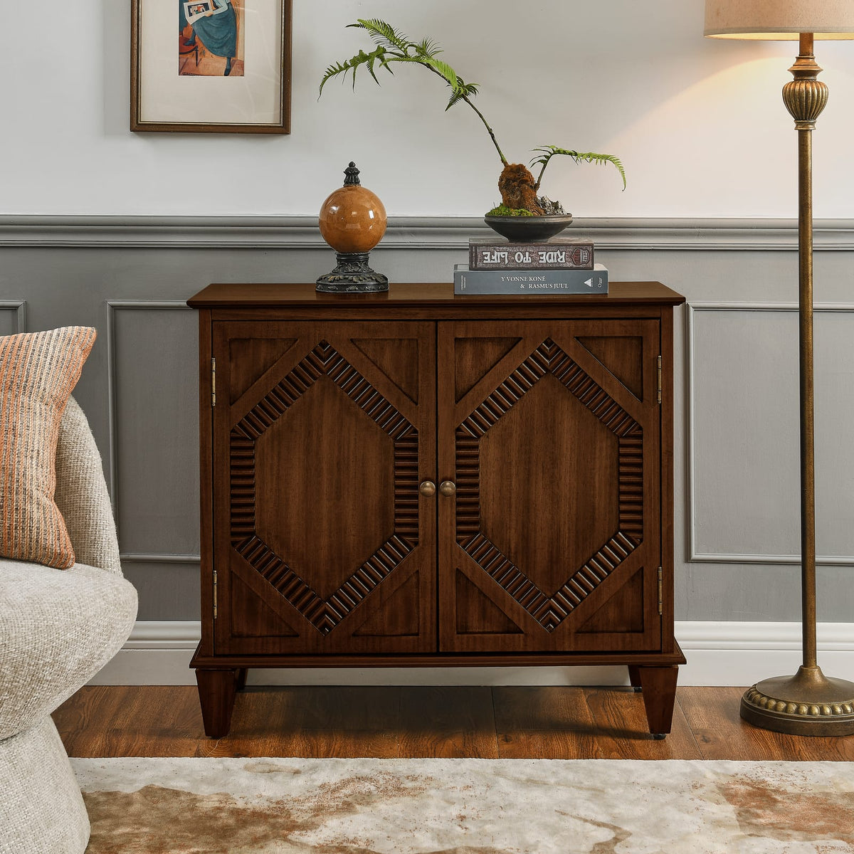 Walnut MDF Sideboard Cabinet - Storage Buffet Media Console