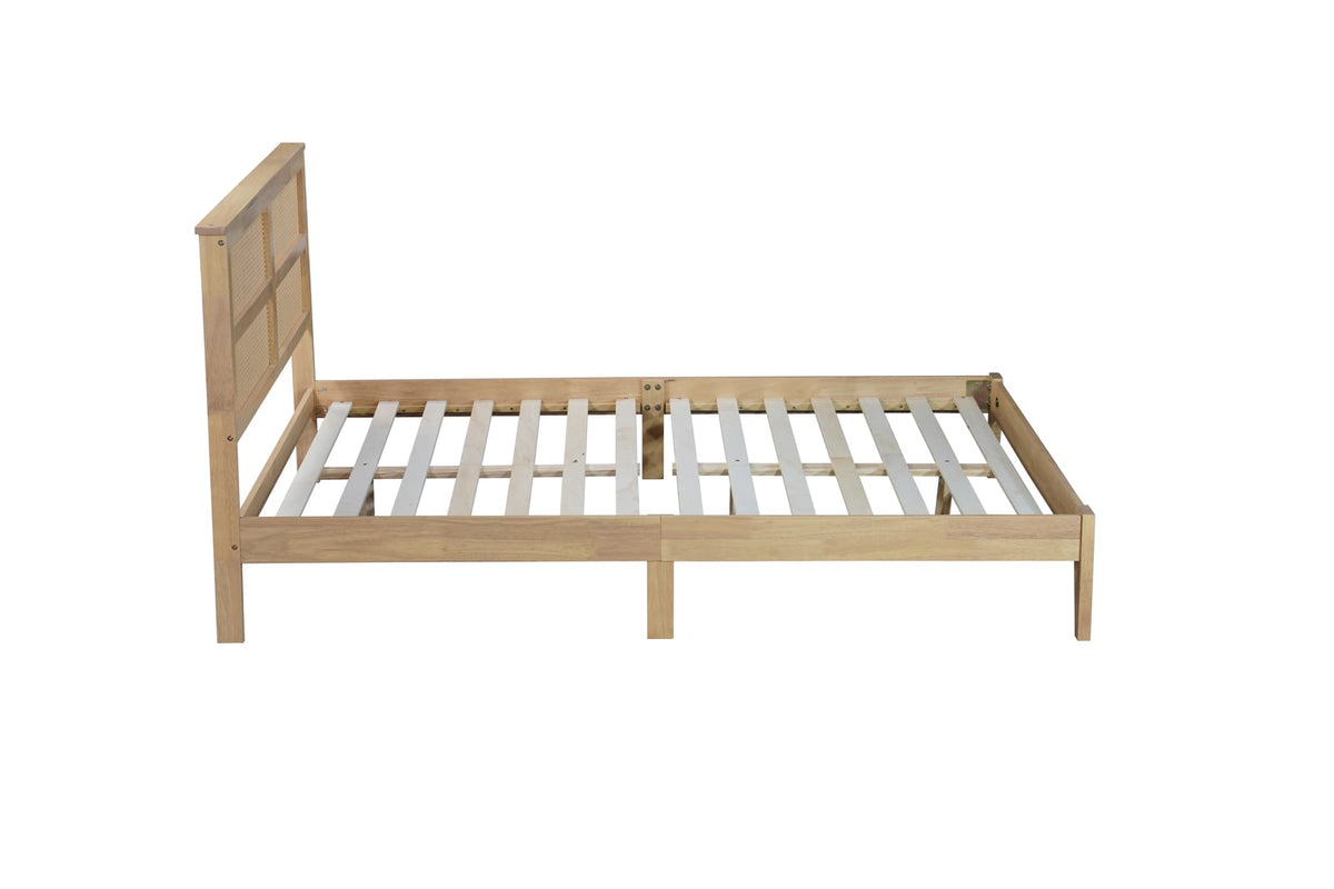 Natural Rubber Wood Queen Bed with Rattan Headboard for Bedroom Storage