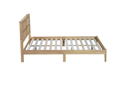 Natural Rubber Wood Queen Bed with Rattan Headboard for Bedroom Storage
