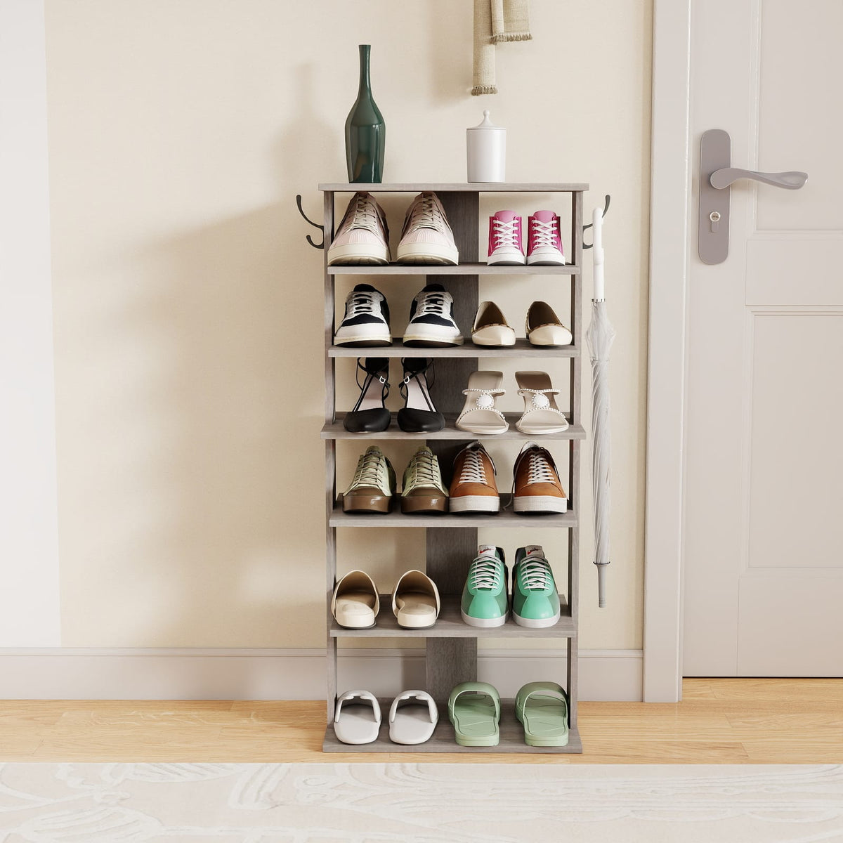 7-Tier Gray Shoe Rack - Storage Organizer with Hooks for Living Room
