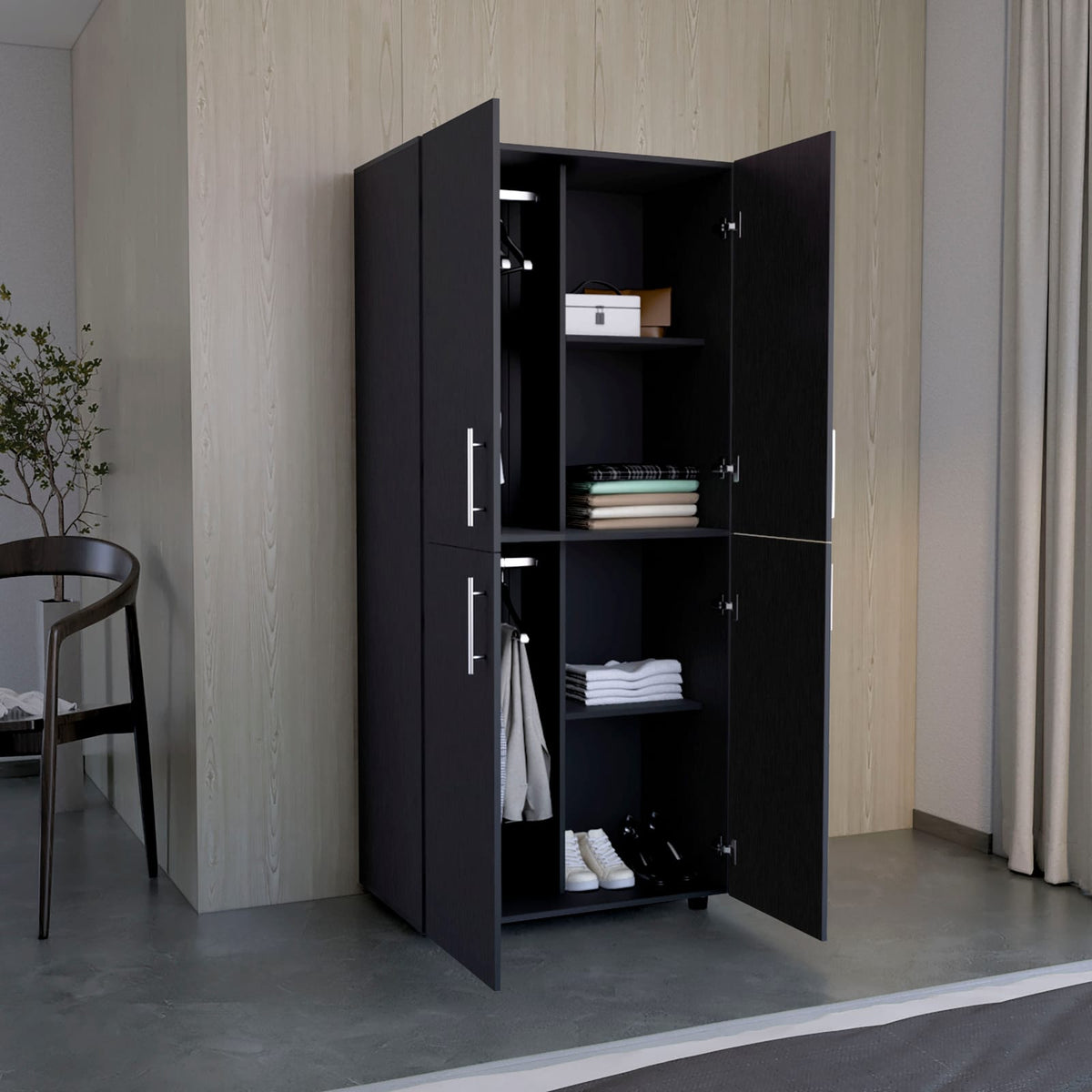 Black Armoire Wardrobe - 70" Tall, Double Doors & Shelves for Bedroom