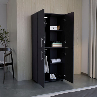 Black Armoire Wardrobe - 70" Tall, Double Doors & Shelves for Bedroom