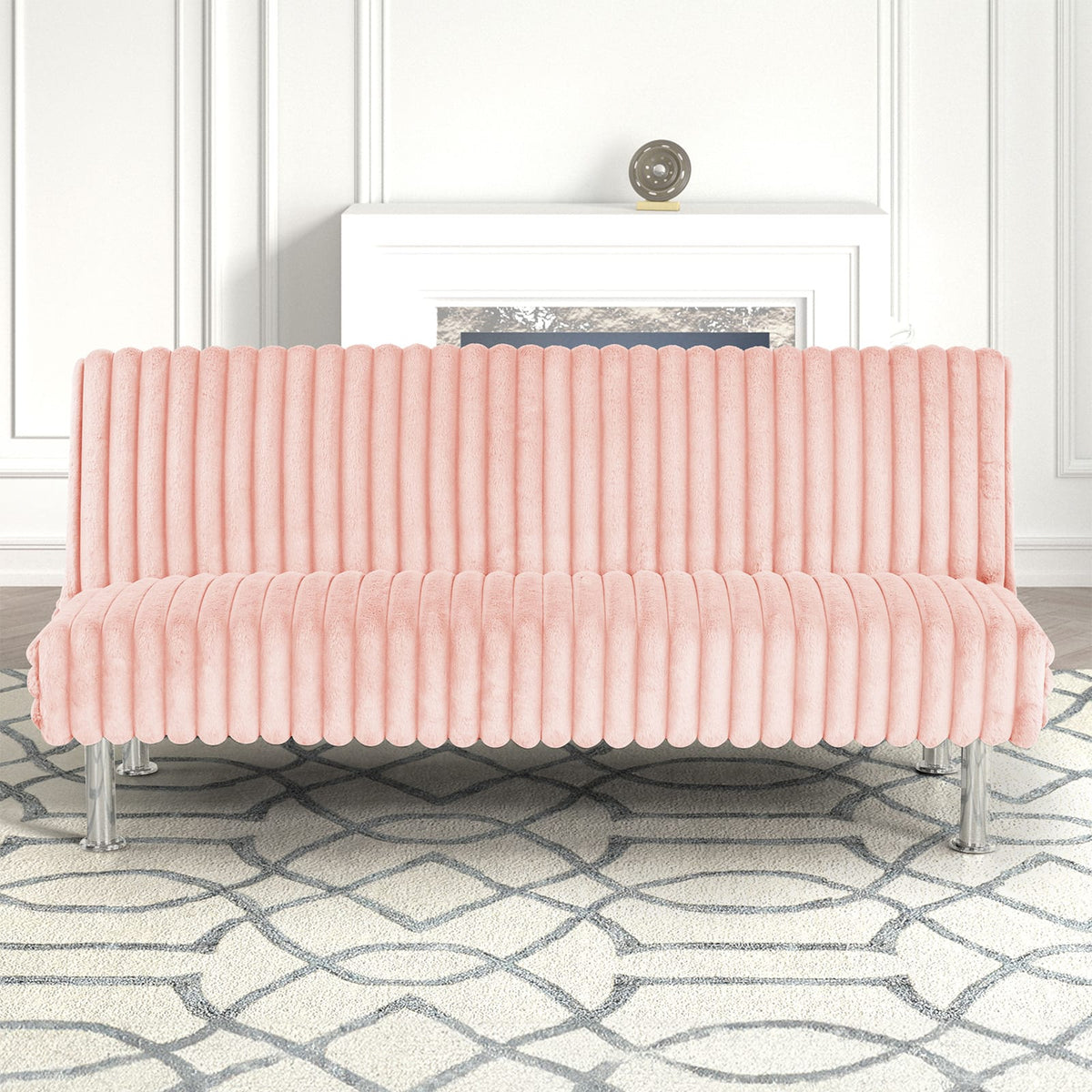 Pink Contemporary Futon Sofa with Metal Legs for Living Room Sleep