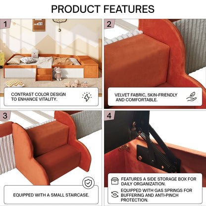King Size Velvet Daybed with Stairs & Storage Ottoman for Bedroom