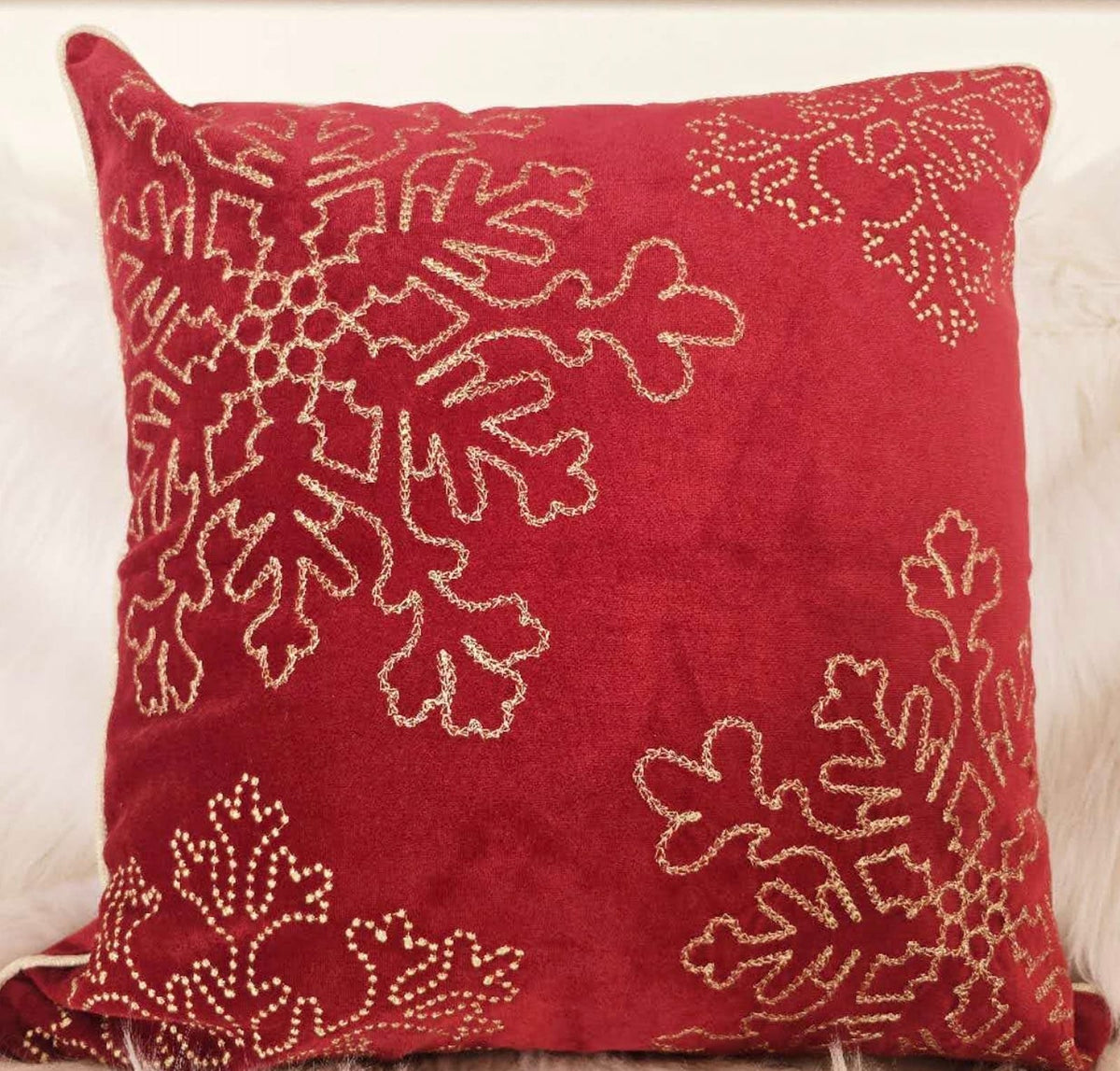Red Velvet Holiday Throw Pillow - 20x20 with Gold Embroidery Set of 2