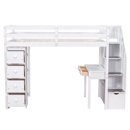 Twin Loft Bed with Storage - White Solid Wood Frame for Bedroom