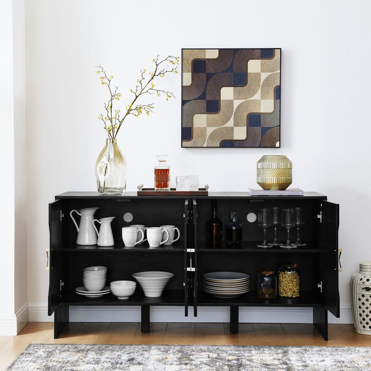 Black MDF Sideboard Buffet Cabinet - 60" Storage