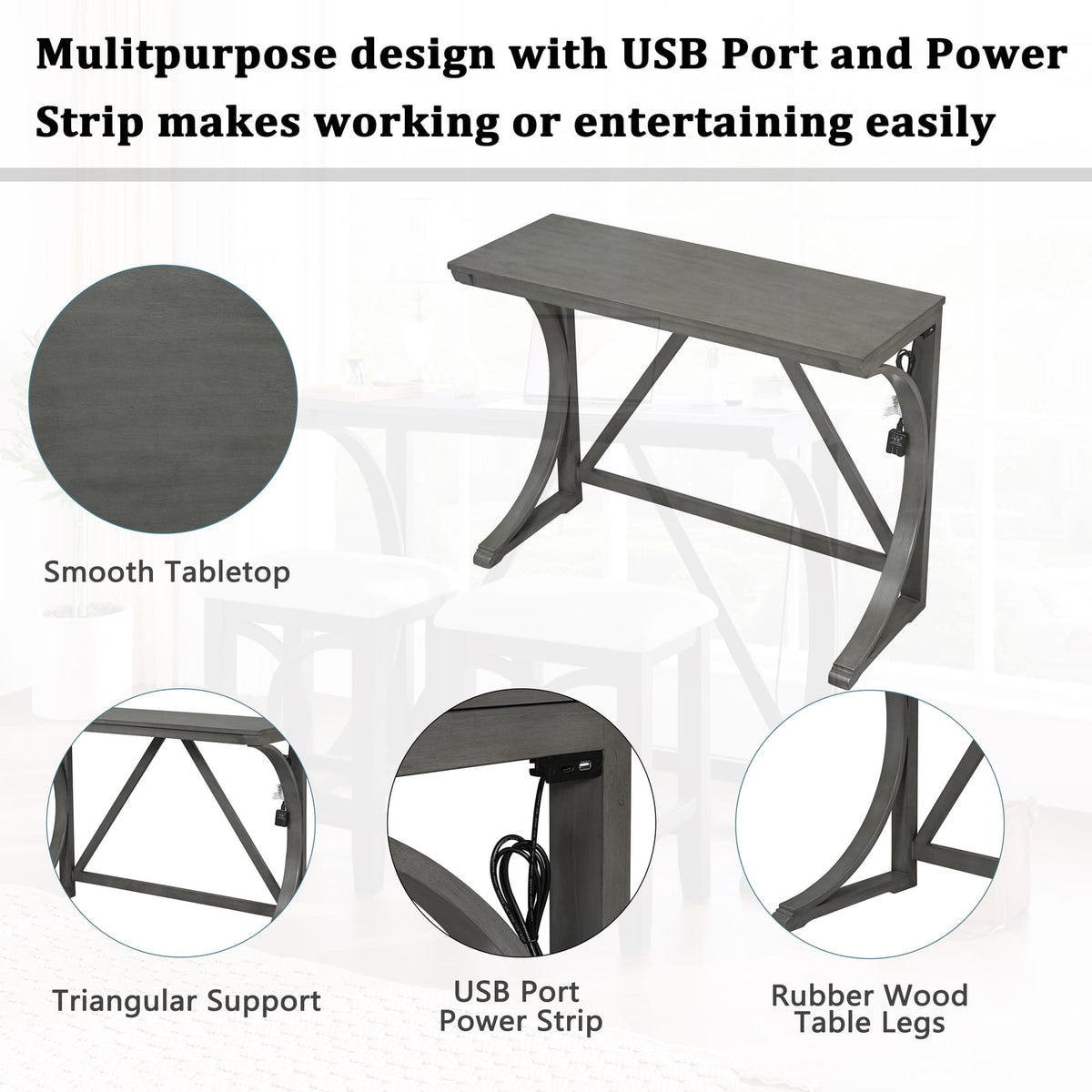 Gray Counter Height Dining Table Set with 3 Stools for Dining Room