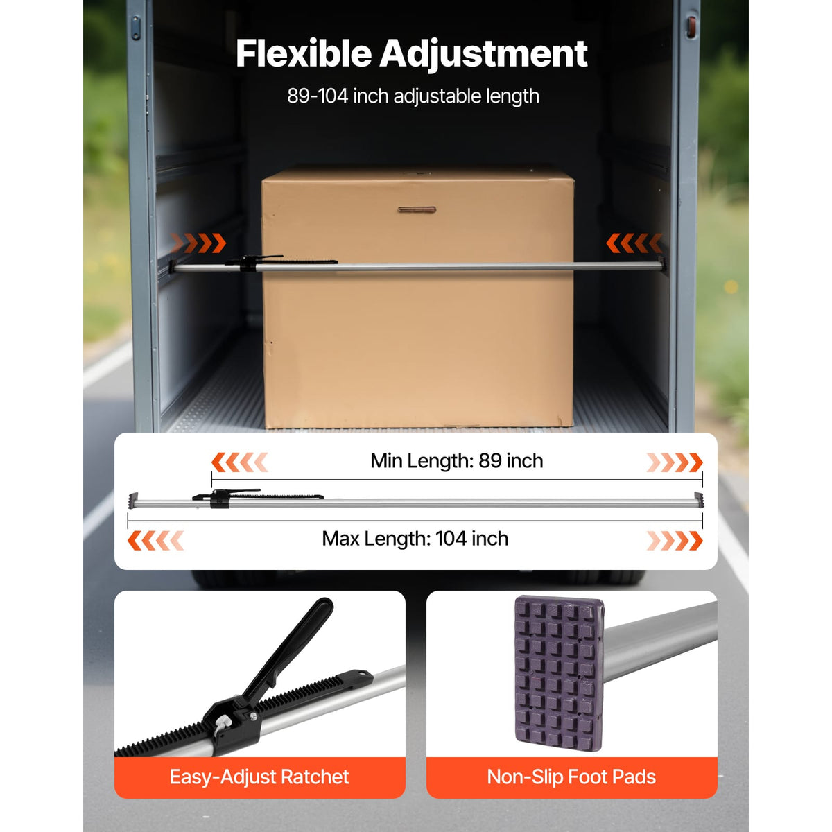 Silver Steel Cargo Bars - 89 to 104 Inch Adjustable Truck Bed Load Stabilizer