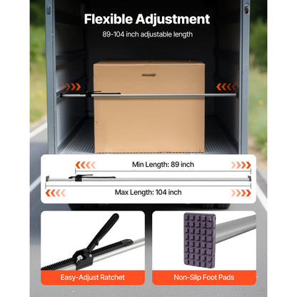 Silver Steel Cargo Bars - 89 to 104 Inch Adjustable Truck Bed Load Stabilizer
