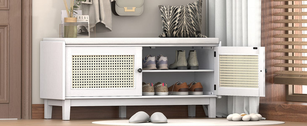 Living Room Beige & White Rattan Storage Bench with Cushioned Seat - Shoe Storage