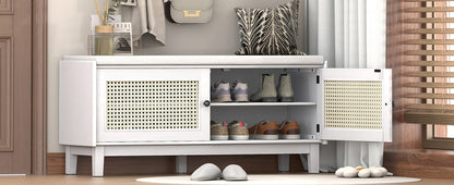Living Room Beige & White Rattan Storage Bench with Cushioned Seat - Shoe Storage
