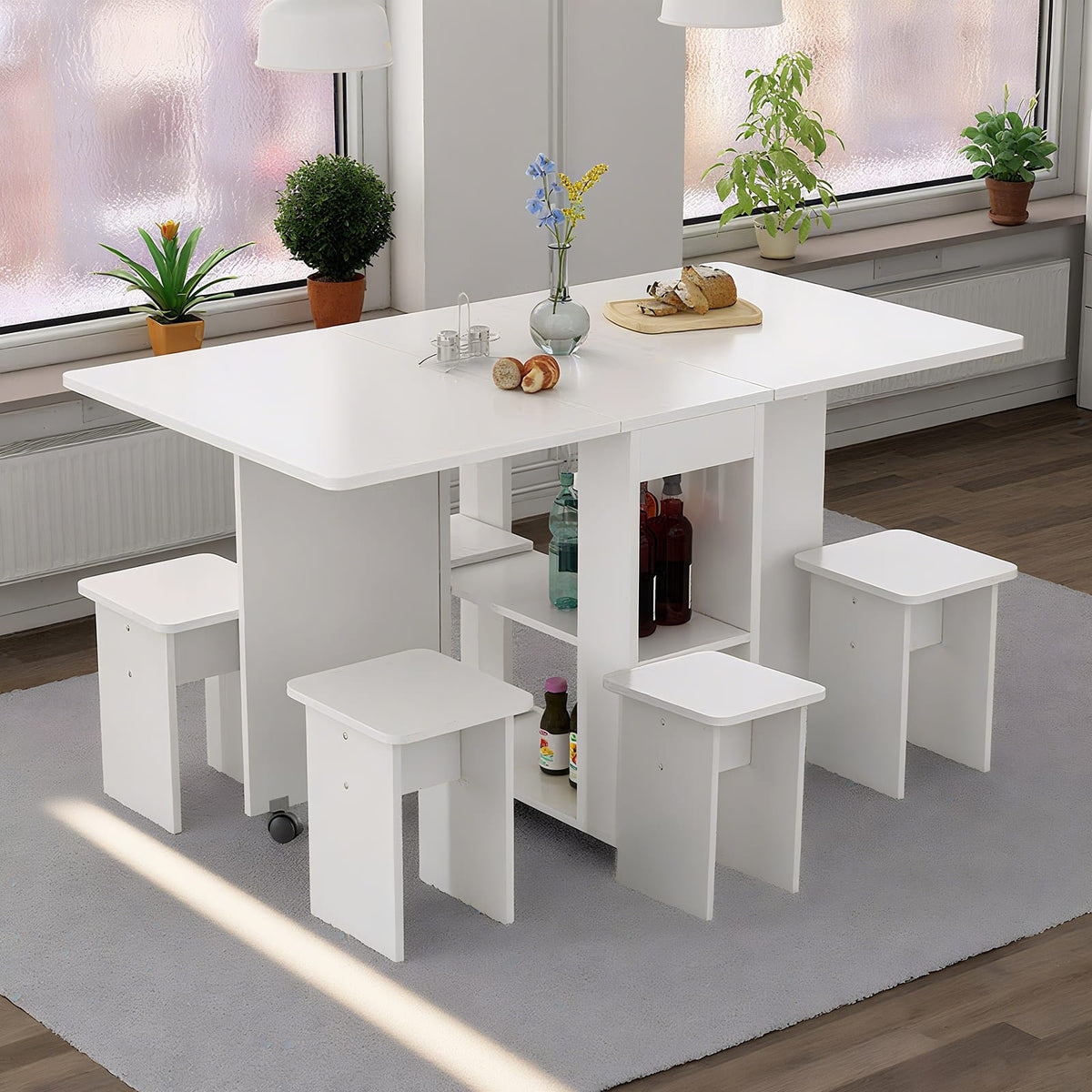 4-Person Rectangular Folding Dining Table Set - White MDF for Dining Room
