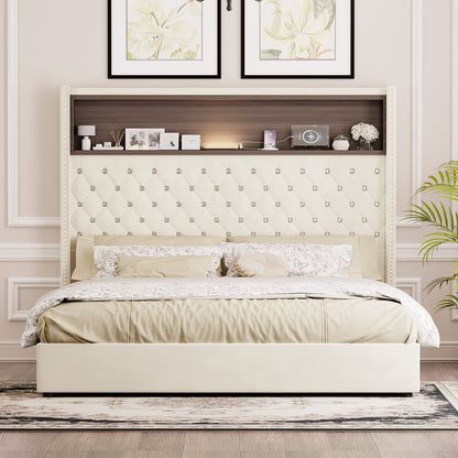 Queen Velvet Tufted Bed Frame Beige USB Charging