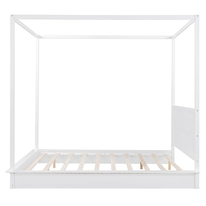 King Size Wood LED Canopy Bed - White Platform Bed No Box Spring