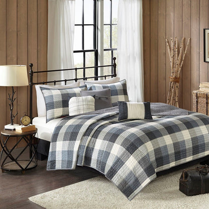 Grey King/Cal King 6 Piece Buffalo Plaid Quilt Set